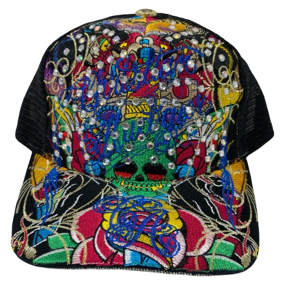Christian Audigier Other - Christian Audigier Skull Rhinestone Embroidered Mesh Trucker Hat Black Multi